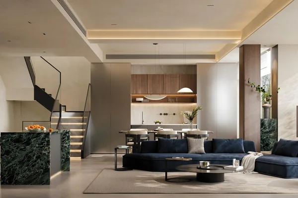 Wide view of a living room with full-height joinery