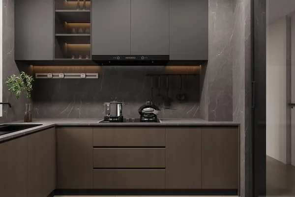 Shaker profile kitchen with dark base cabinetry and stone island