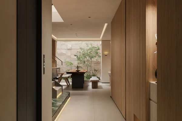 Timber wall panelling in a corridor