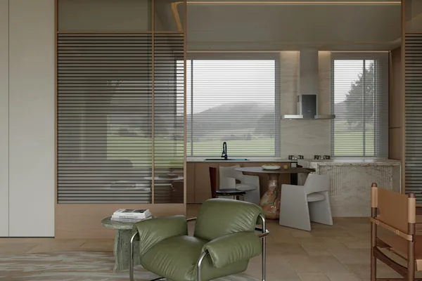Green dining and kitchen room
