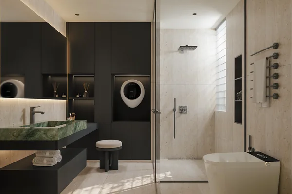 Dark handleless apartment kitchen